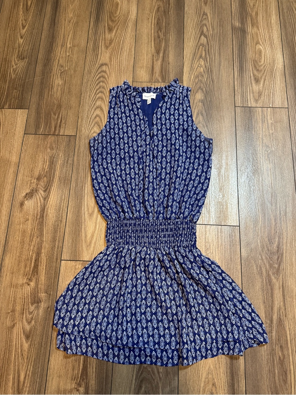 Veronica M Navy Blue Printed Sleeveless Smocked Waist Dress